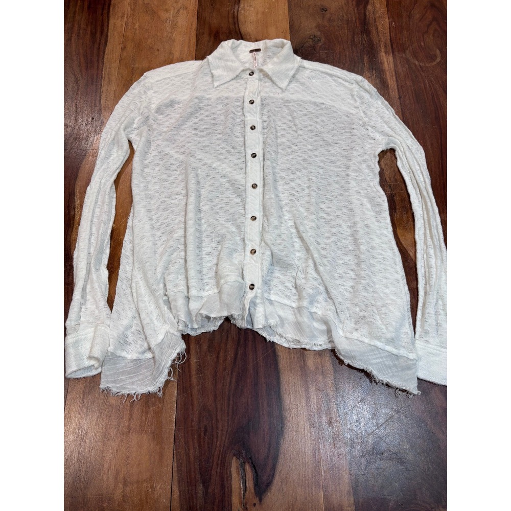 FREE PEOPLE button down shirt women XS ivory texture pointelle knit raw hem boho